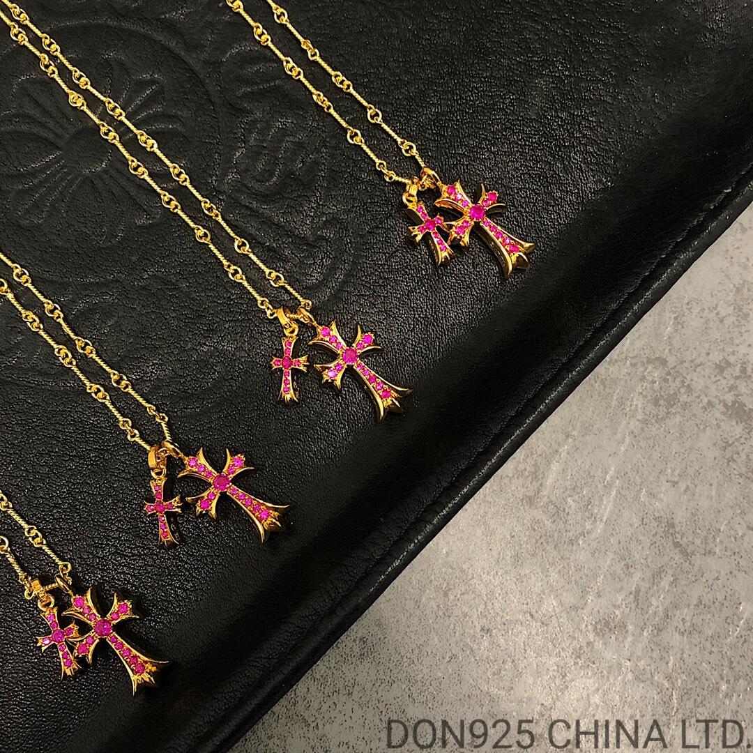 22K Gold CHROME HEARTS Small Cross & Babyfat Necklace (with Rubies and 55CM Gold Twist Chain)