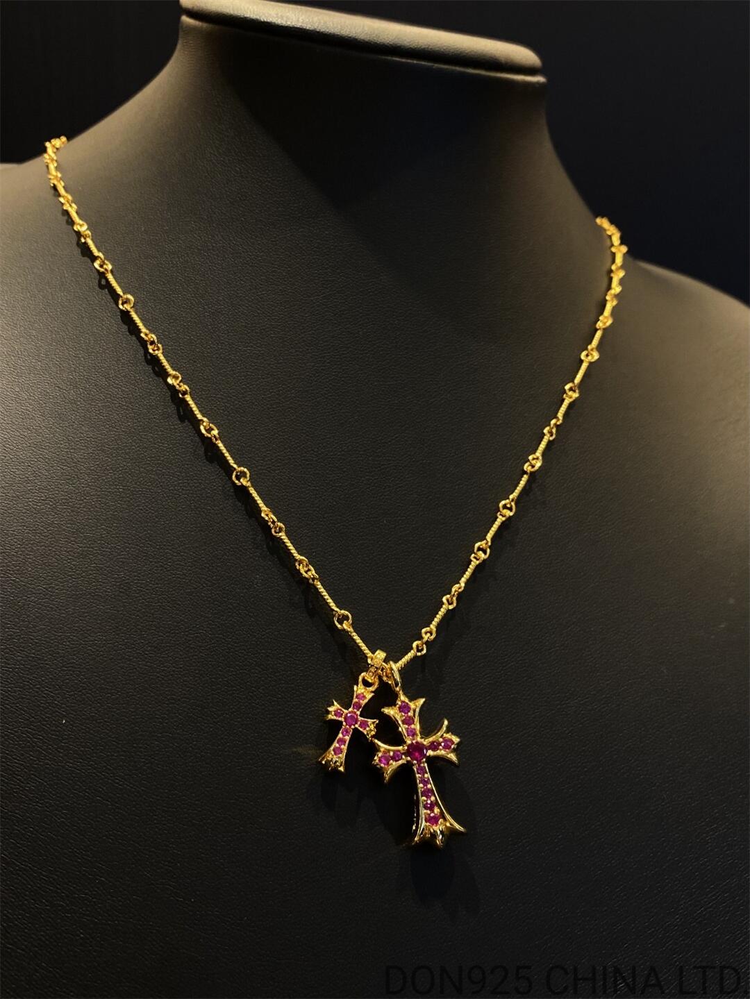 22K Gold CHROME HEARTS Small Cross & Babyfat Necklace (with Rubies and 55CM Gold Twist Chain)