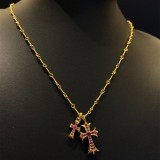 22K Gold CHROME HEARTS Small Cross & Babyfat Necklace (with Rubies and 55CM Gold Twist Chain)