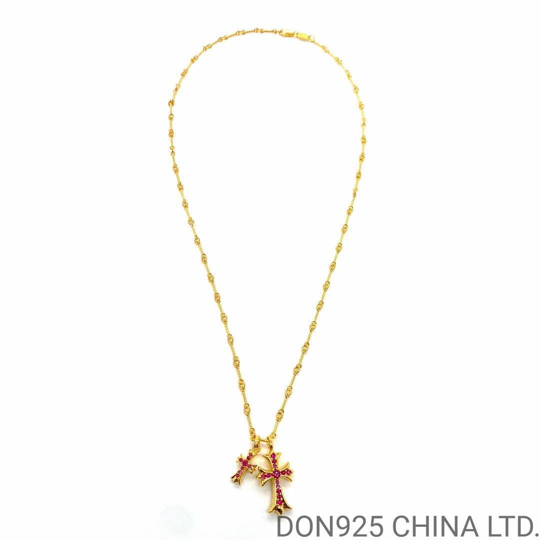 22K Gold CHROME HEARTS Small Cross & Babyfat Necklace (with Rubies and 55CM Gold Twist Chain)