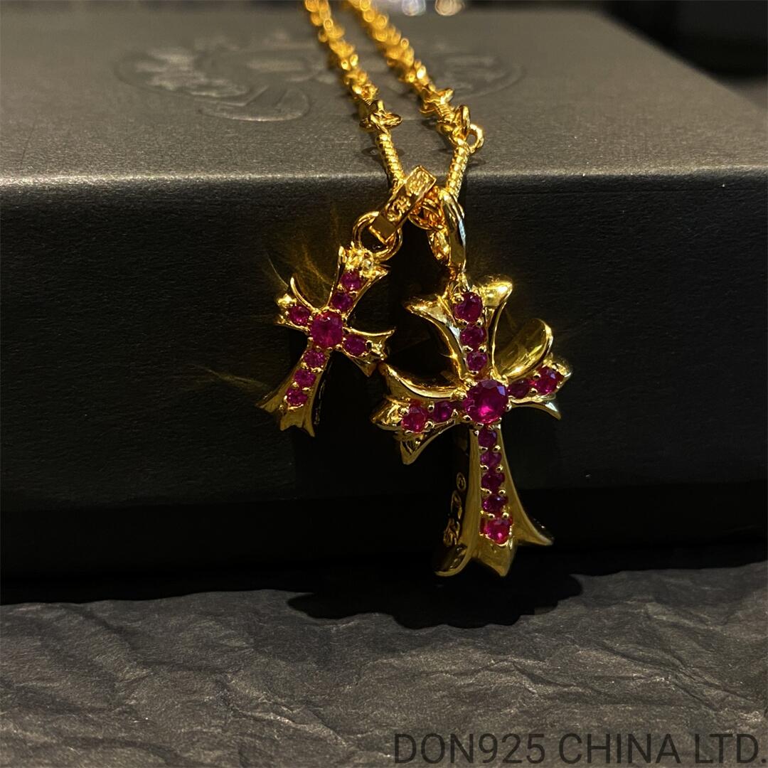 22K Gold CHROME HEARTS Small Cross & Babyfat Necklace (with Rubies and 55CM Gold Twist Chain)