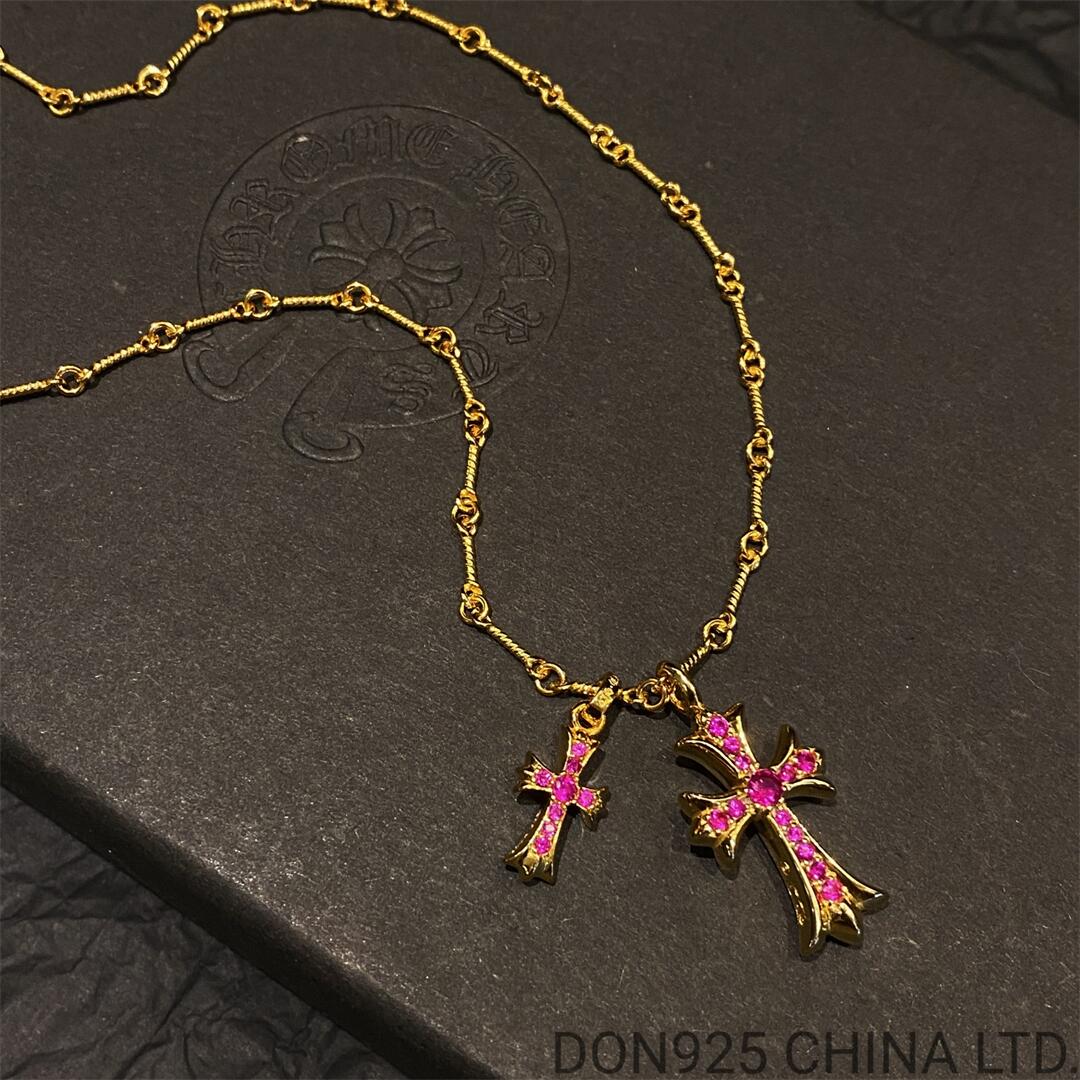 22K Gold CHROME HEARTS Small Cross & Babyfat Necklace (with Rubies and 55CM Gold Twist Chain)