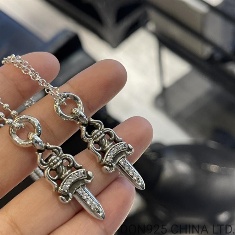 Chrome Hearts Dagger Necklace in 925s Silver with Diamonds (Small Size)
