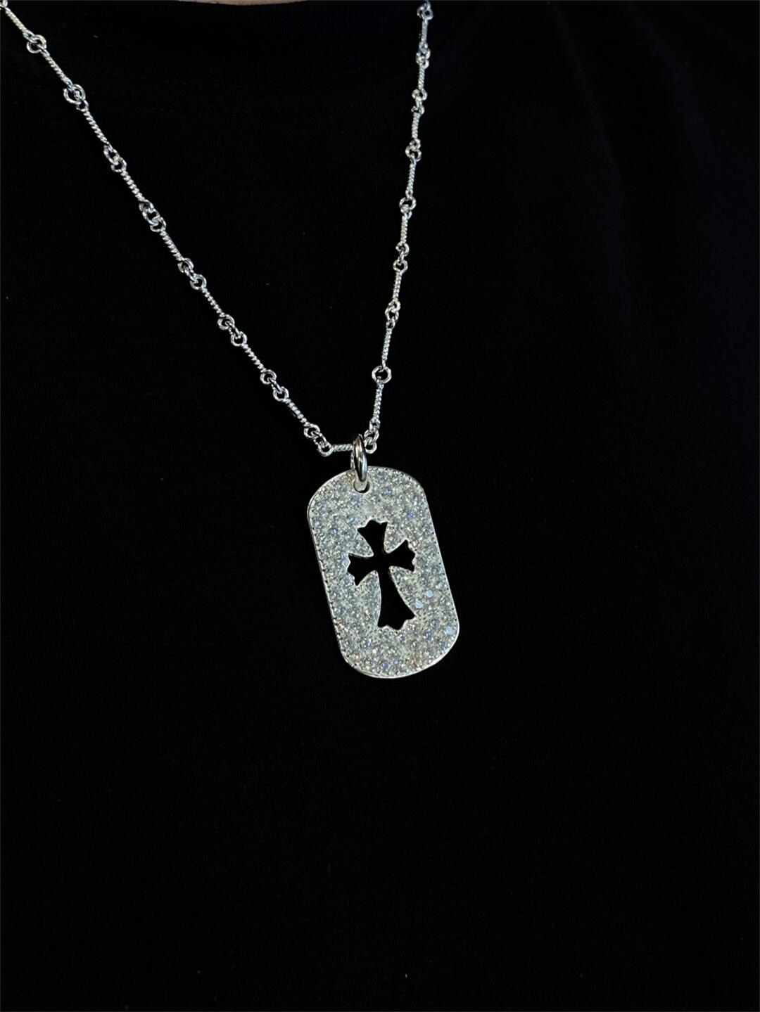 18K White Gold CH Tiny Cutout Cross Dog Tag Necklace (Twist Chain)