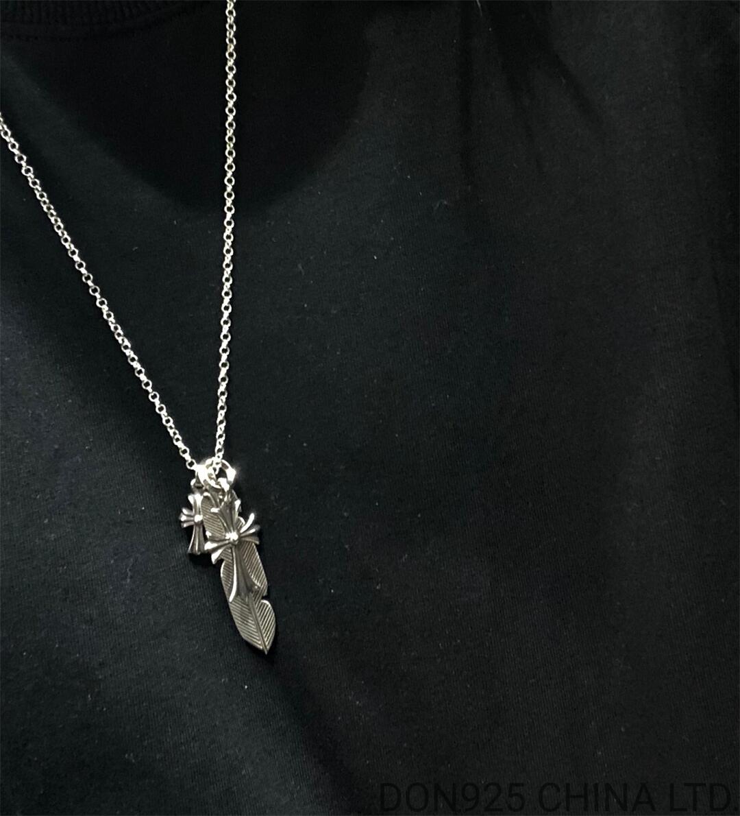 CHROME HEARTS Feather and Cross Necklace (with NE Chain)