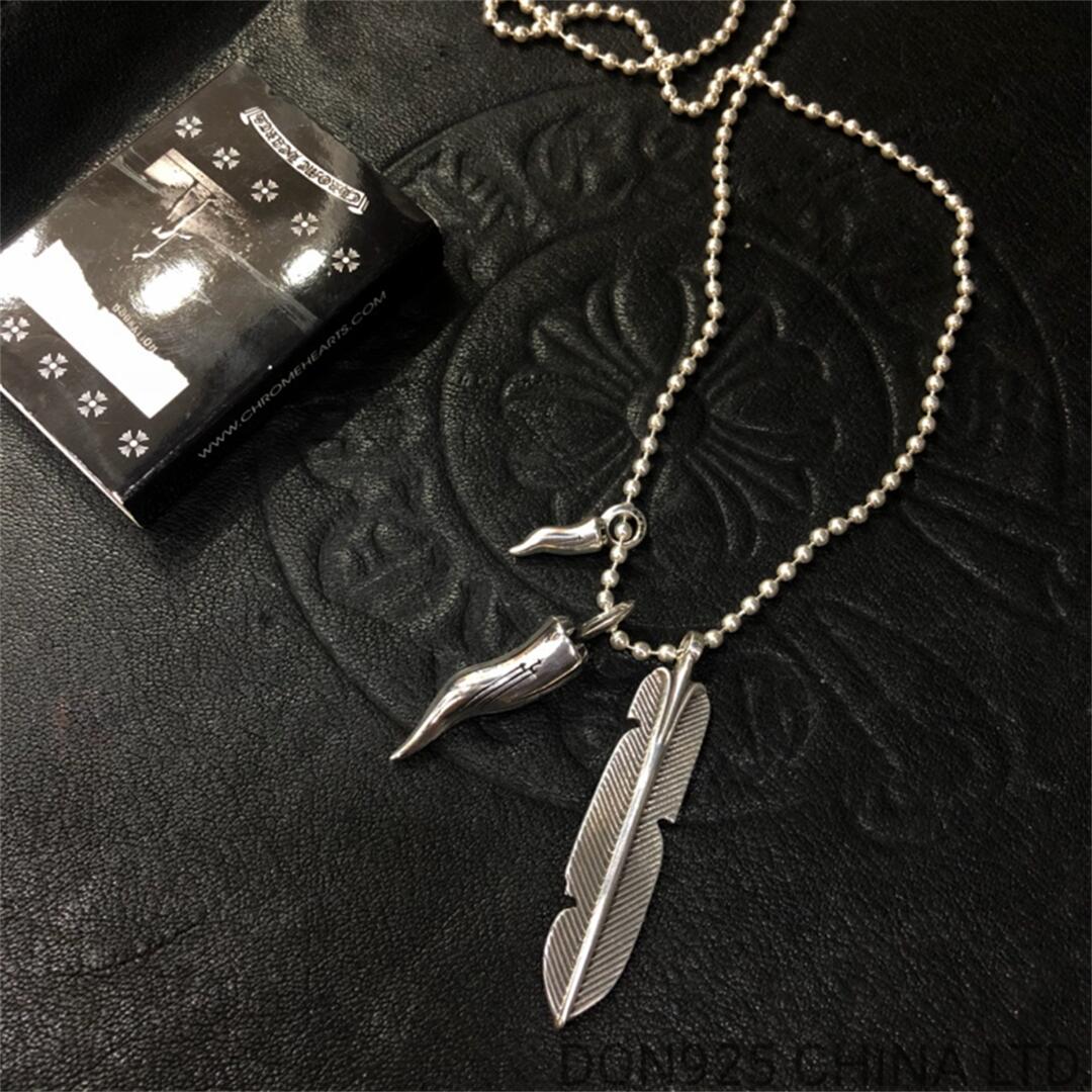 CHROME HEARTS Feather and Cornicello Tooth Necklace (with Ball Chain)