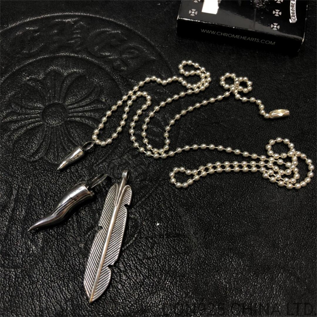 CHROME HEARTS Feather and Cornicello Tooth Necklace (with Ball Chain)