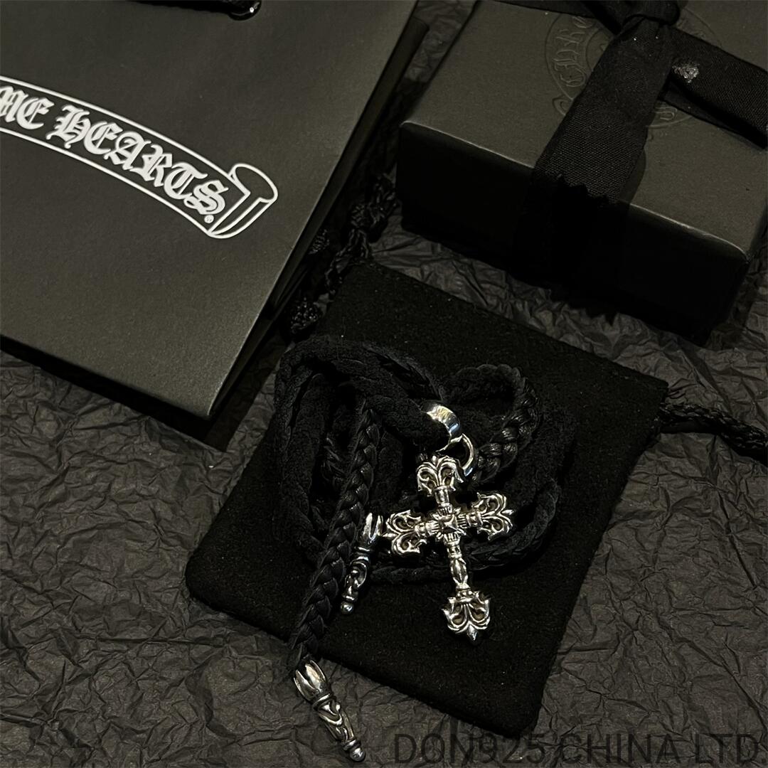 CHROME HEARTS Filigree Cross Necklace (Small Size with Leather Rope)