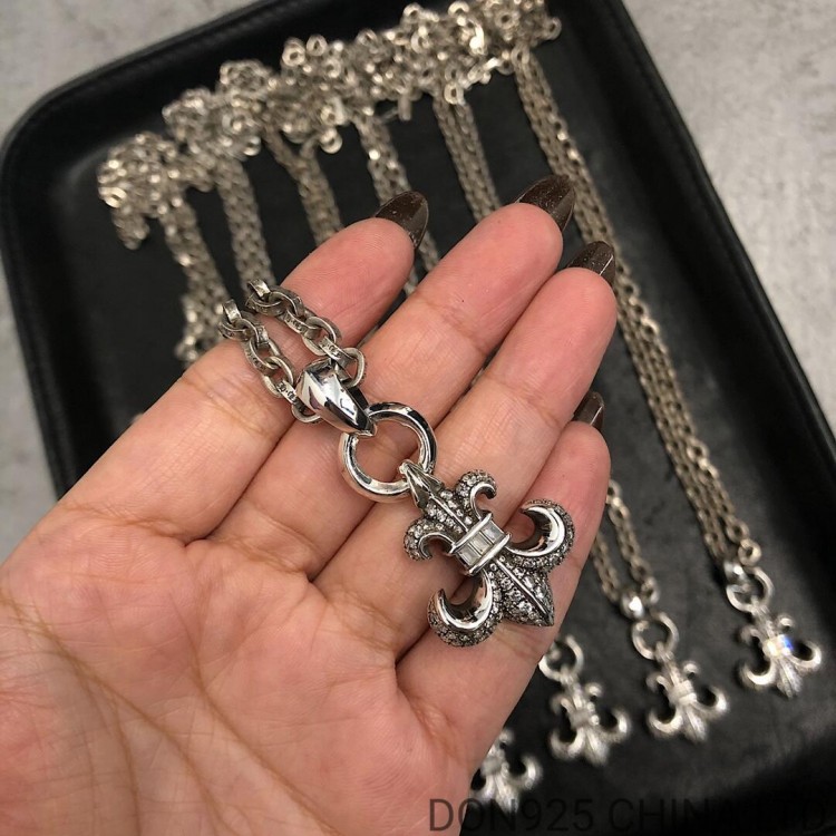 Chrome Hearts BS Fleur Necklace in 925s Silver with Diamonds (Medium Size with Paper Chain)