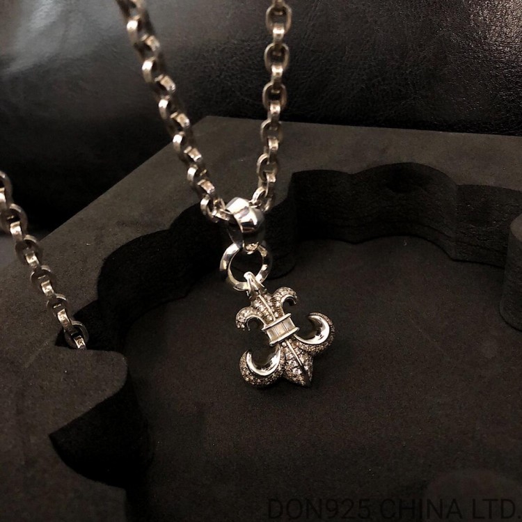 Chrome Hearts BS Fleur Necklace in 925s Silver with Diamonds (Medium Size with Paper Chain)